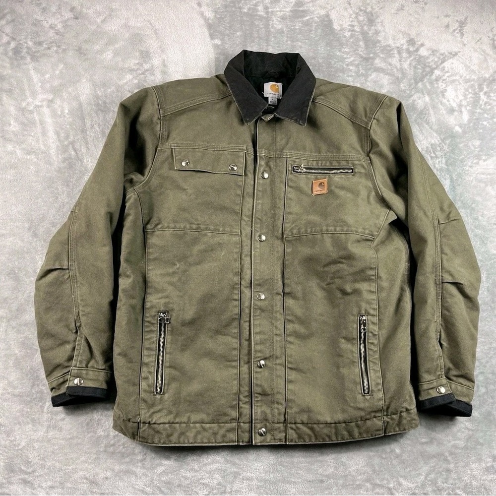 Carhartt Jacket Mens Large Green J285 ARG Quilt Lined Snap Canvas Workwear